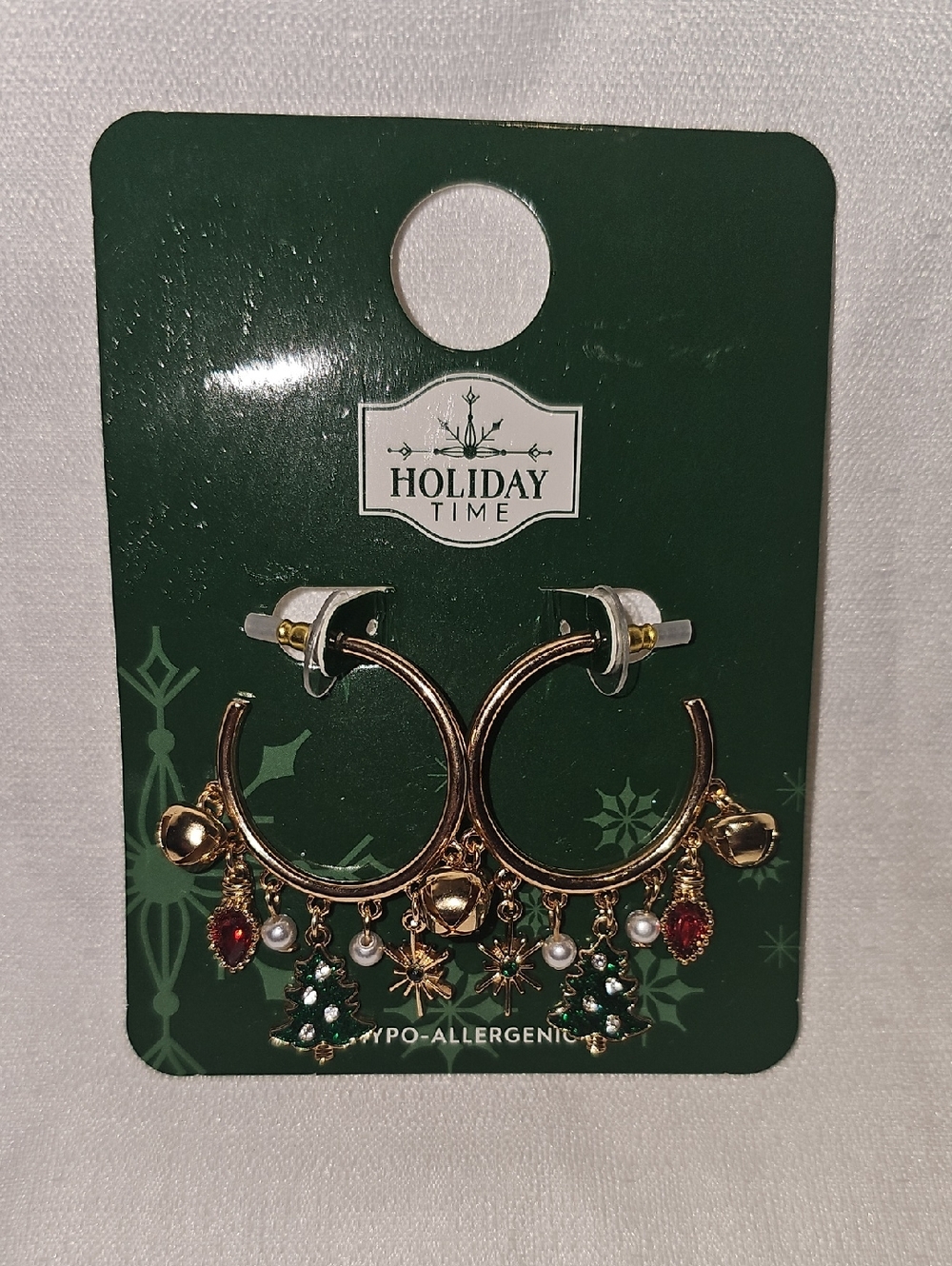 Holiday Time Gold Tone Hoop-Christmas Charm Earrings, 1 Pair New